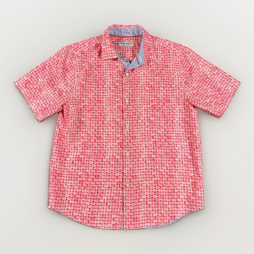 Tommy Bahama The Coconut Point Shirt Mens Medium Pink Geo IslandZone Hawaiian